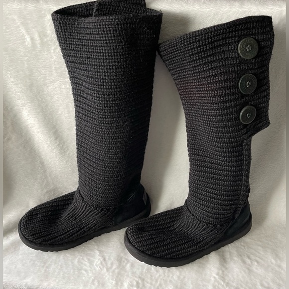 UGG Women's Cardy Tall Black Sweater Knit Button Boots Size 8 - Picture 1 of 8